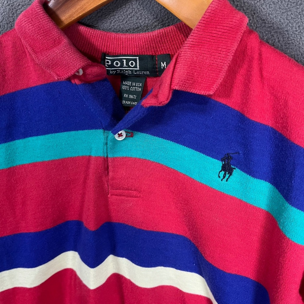 Vintage Polo Ralph Lauren Kids Striped Polo Shirt Red Blue Teal Size M USA Made